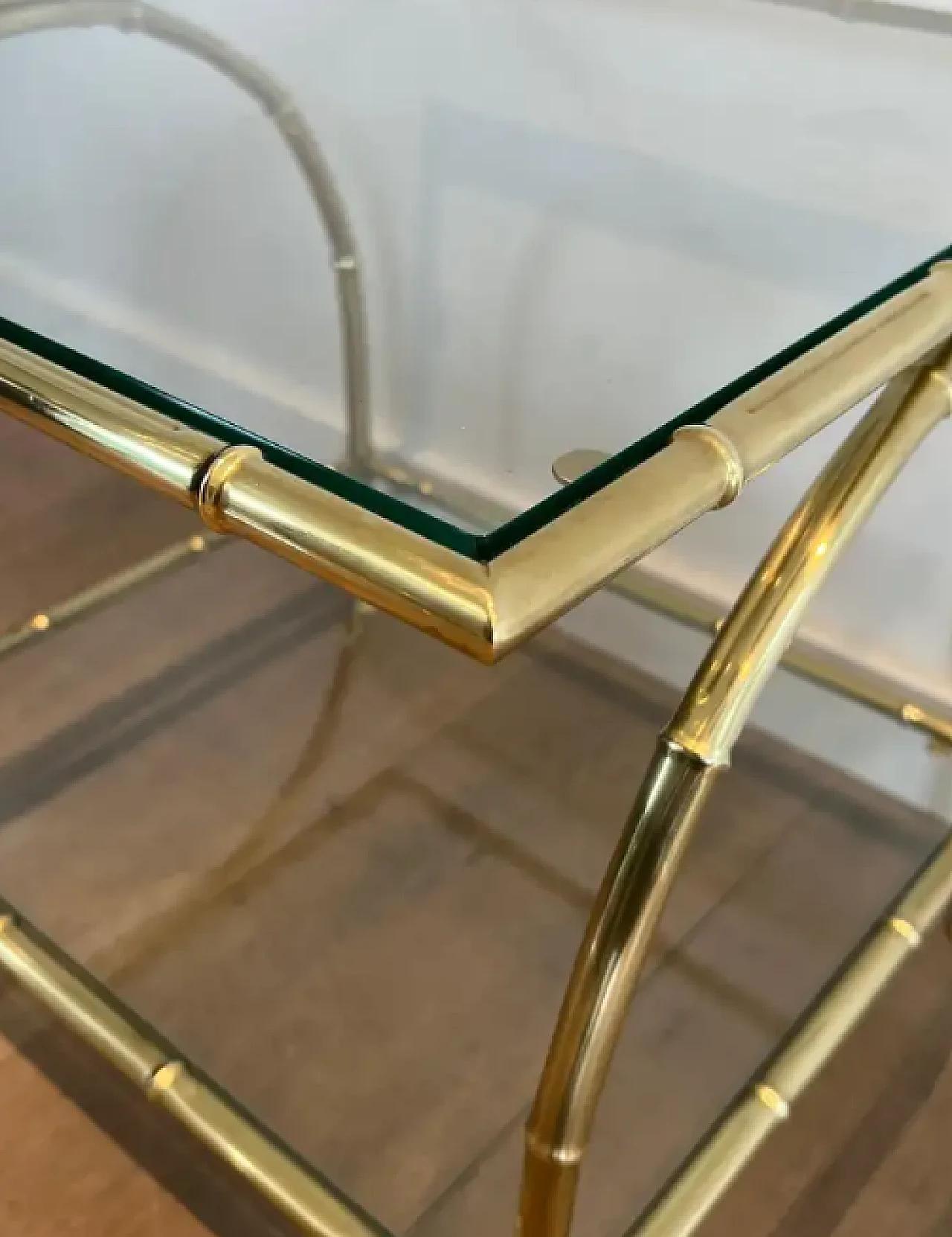 Three-part brass coffee table in imitation bamboo, 1940s 13