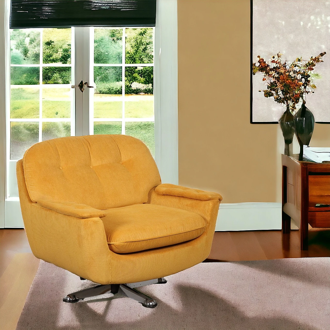 Armchair with yellow velvet upholstery and metal base, 1970s 9