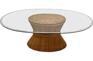 Wheat Sheaf table with glass top and bamboo base, 1970s