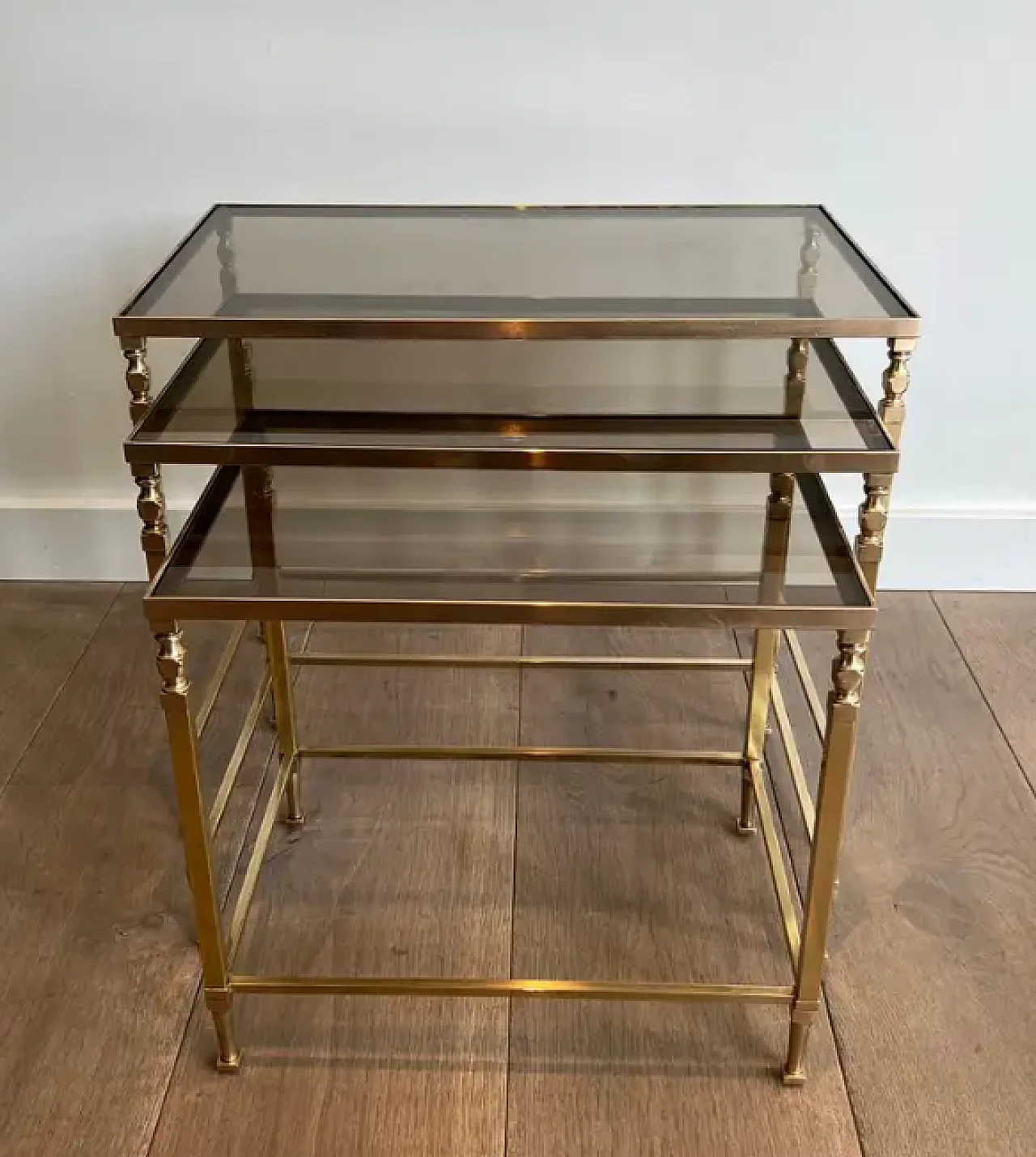 3 Neoclassical brass nesting tables by Maison Ramsay, 1940s 5