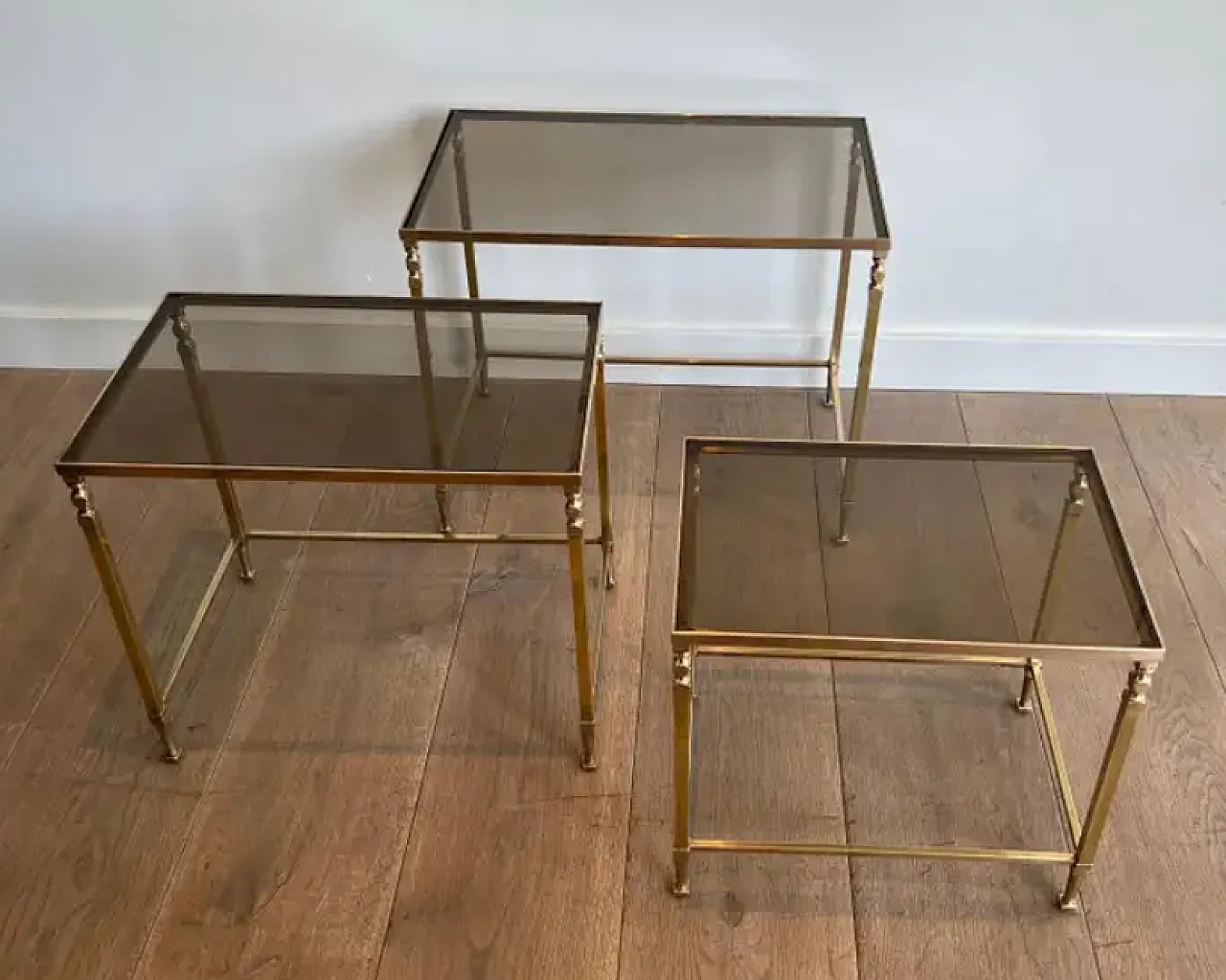 3 Neoclassical brass nesting tables by Maison Ramsay, 1940s 6