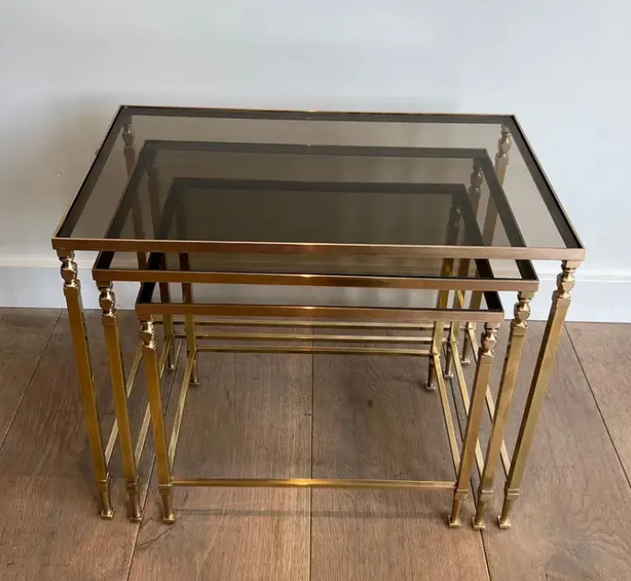 3 Neoclassical brass nesting tables by Maison Ramsay, 1940s 7