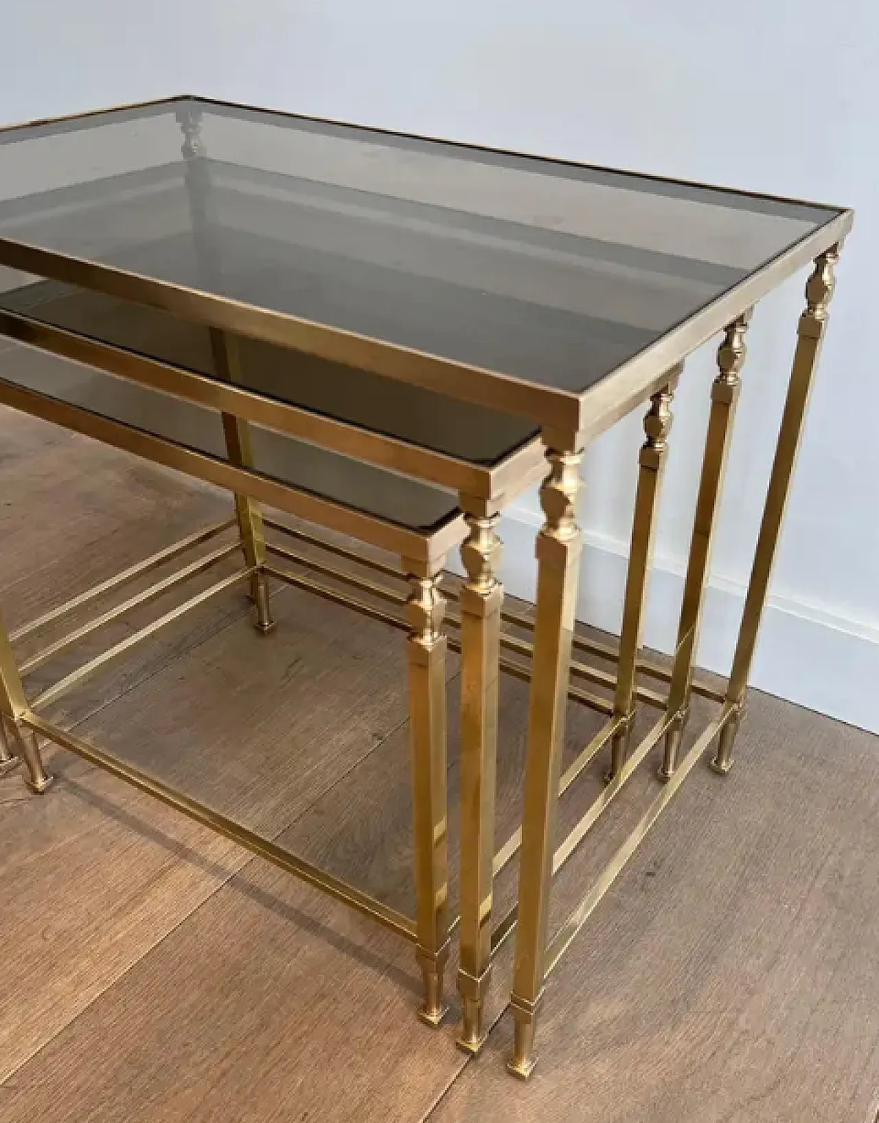 3 Neoclassical brass nesting tables by Maison Ramsay, 1940s 8