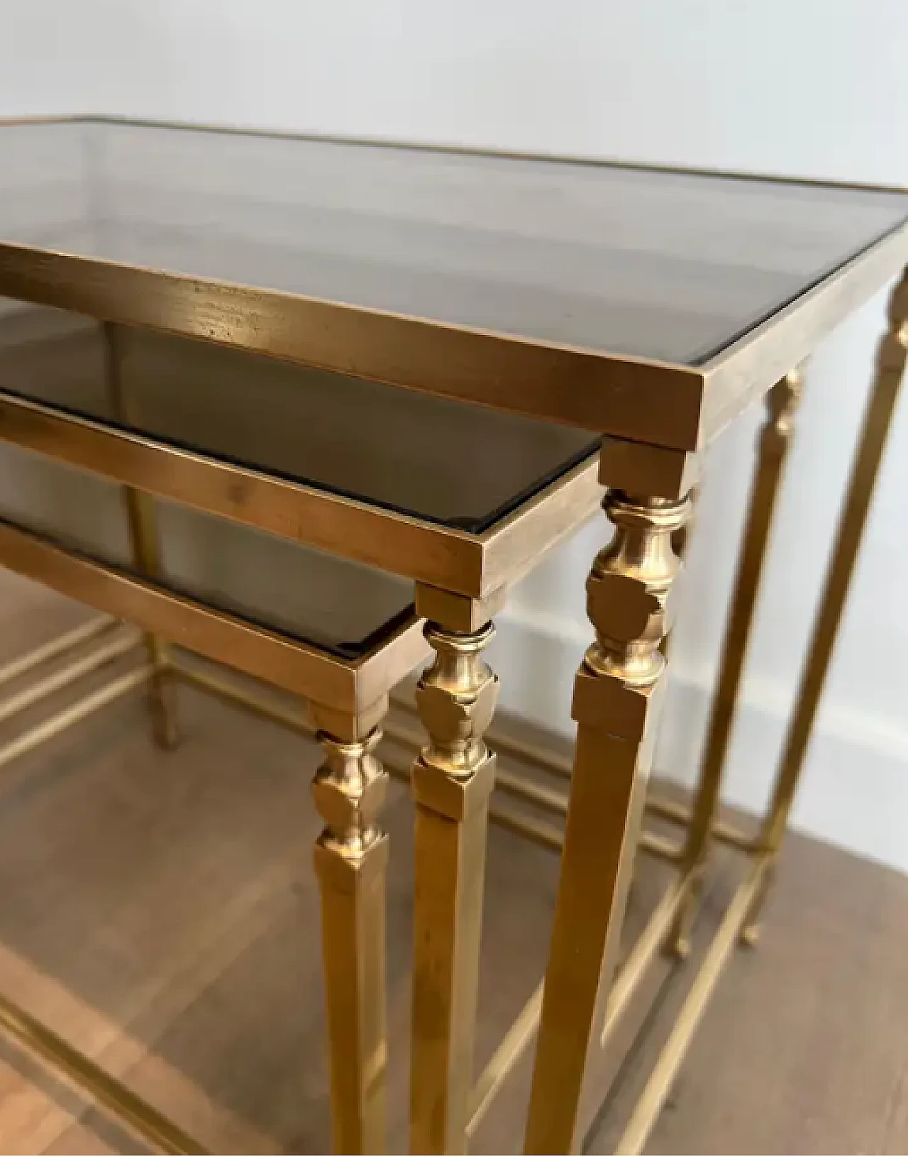 3 Neoclassical brass nesting tables by Maison Ramsay, 1940s 9