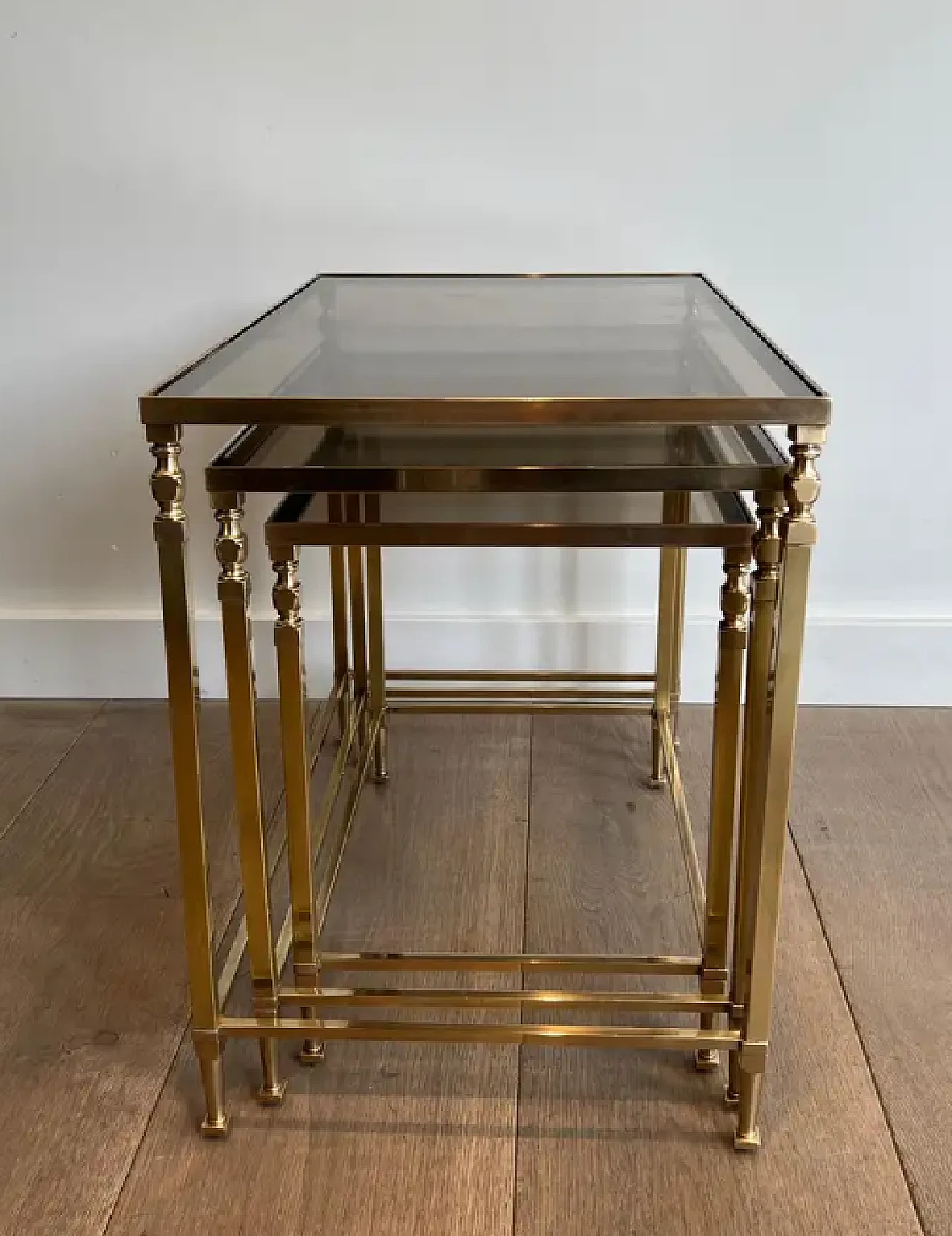 3 Neoclassical brass nesting tables by Maison Ramsay, 1940s 12