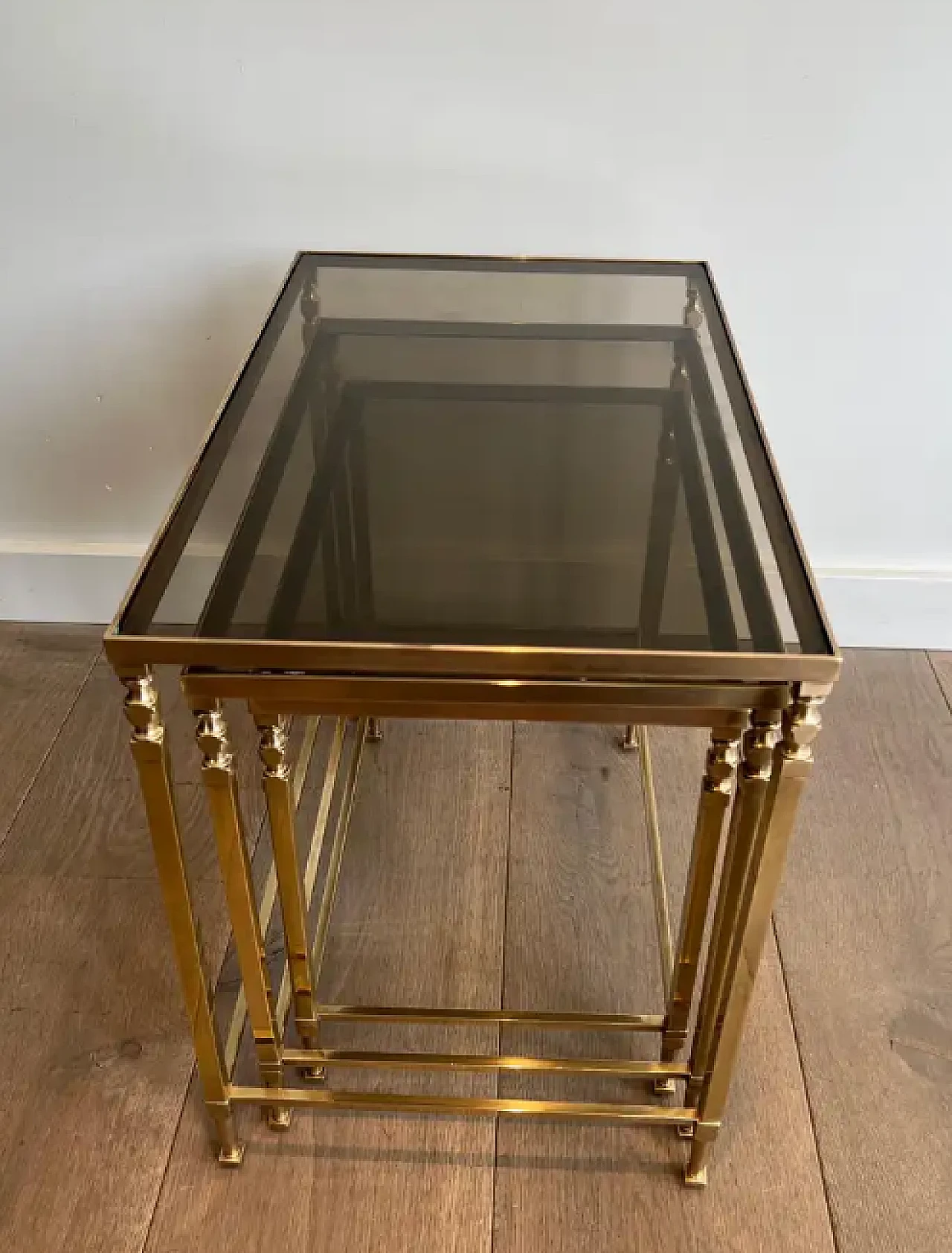 3 Neoclassical brass nesting tables by Maison Ramsay, 1940s 13