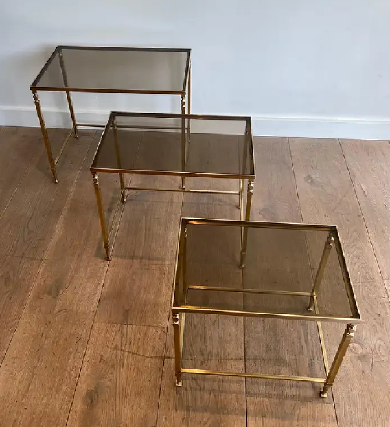 3 Neoclassical brass nesting tables by Maison Ramsay, 1940s 15