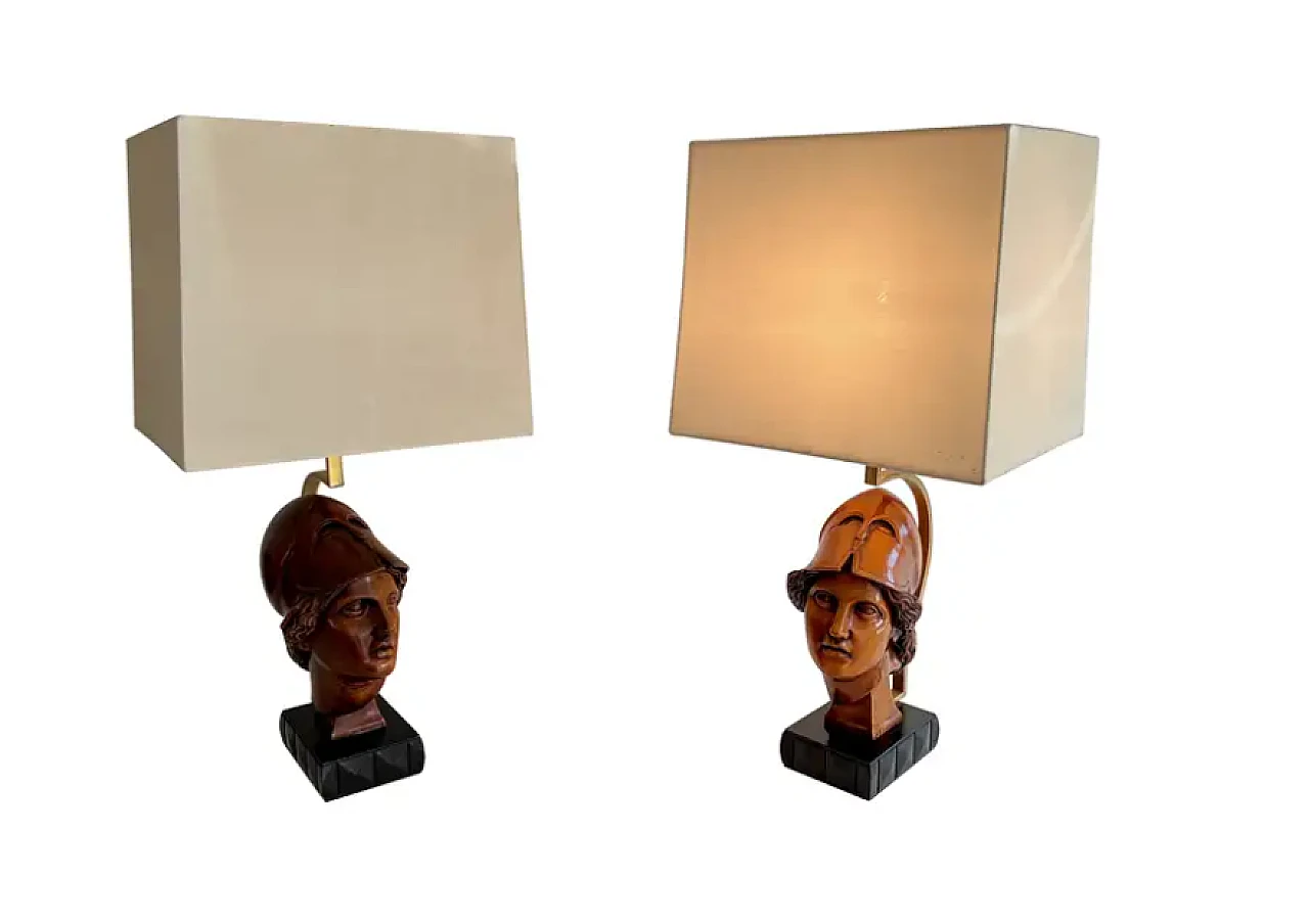 Pair of wooden lamps with faces of soldiers with helmets, 1970s 1