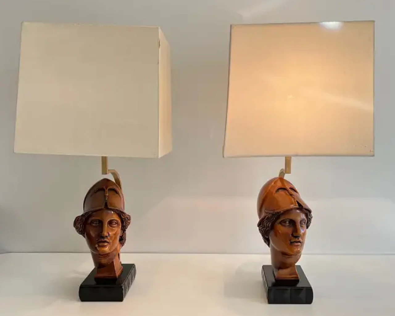 Pair of wooden lamps with faces of soldiers with helmets, 1970s 2