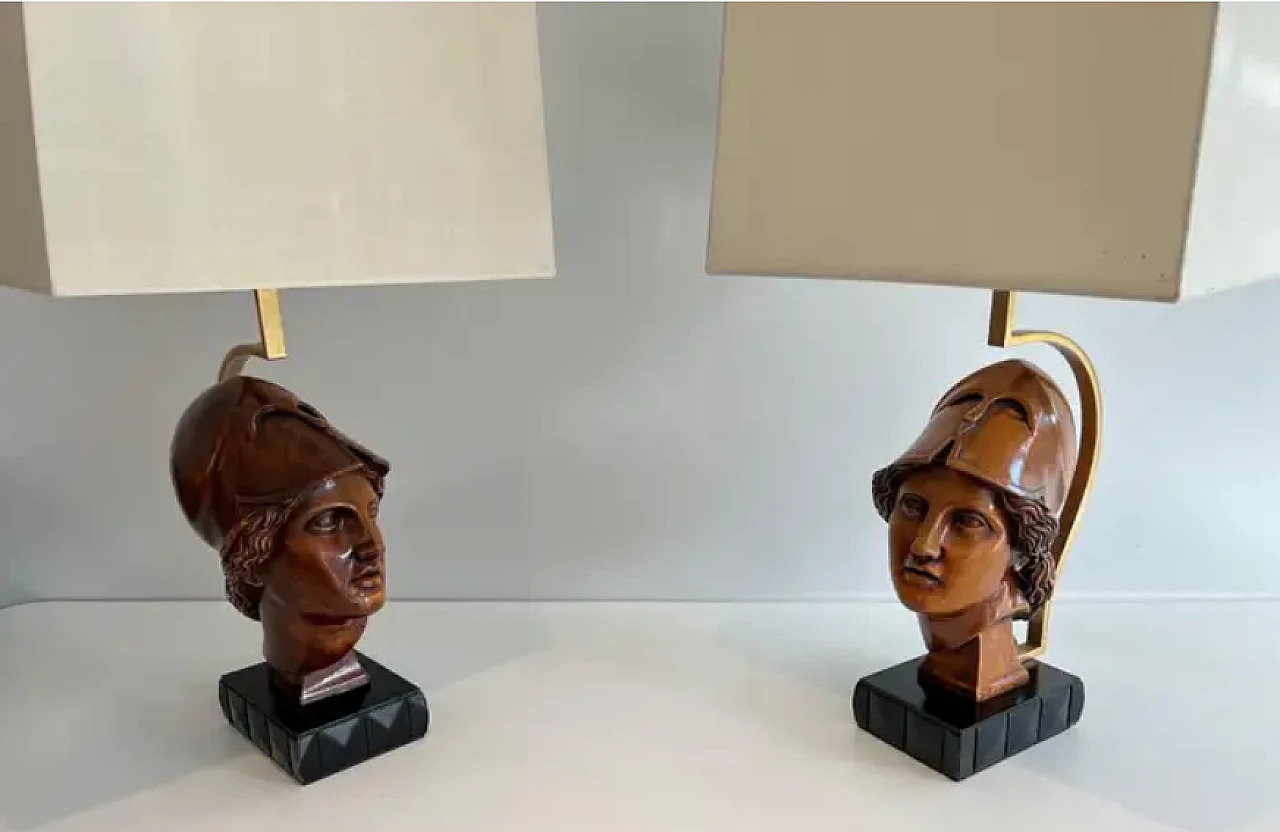 Pair of wooden lamps with faces of soldiers with helmets, 1970s 3