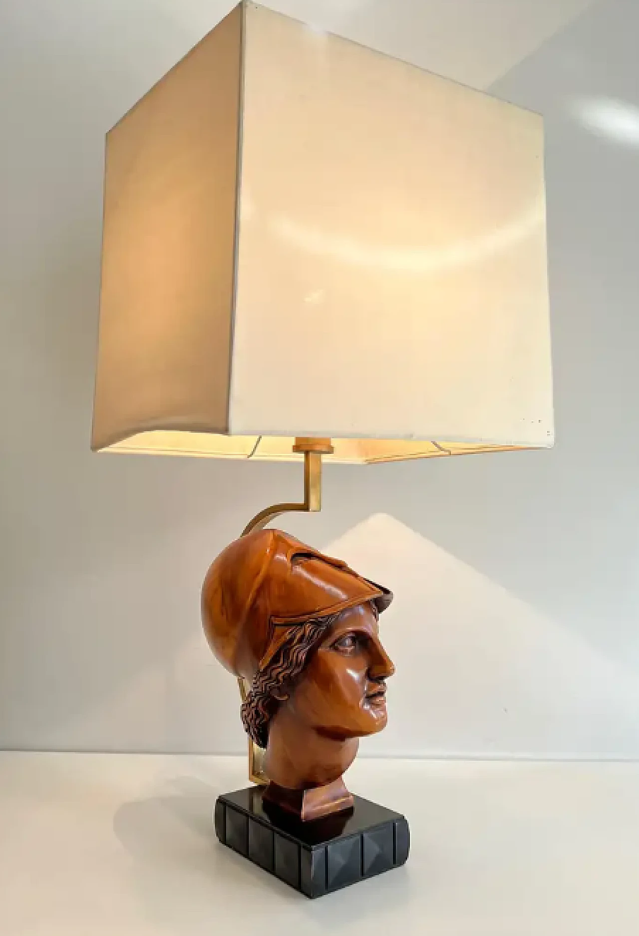 Pair of wooden lamps with faces of soldiers with helmets, 1970s 4