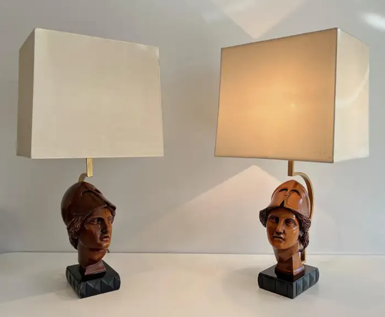 Pair of wooden lamps with faces of soldiers with helmets, 1970s 9