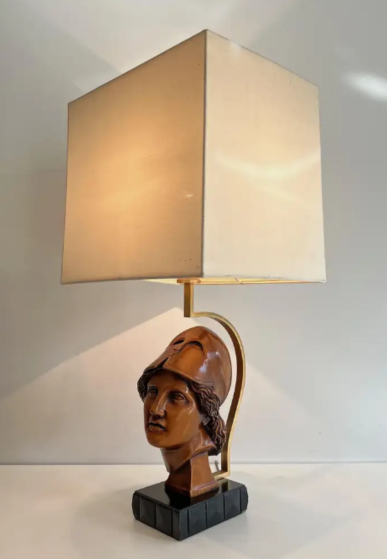 Pair of wooden lamps with faces of soldiers with helmets, 1970s 10