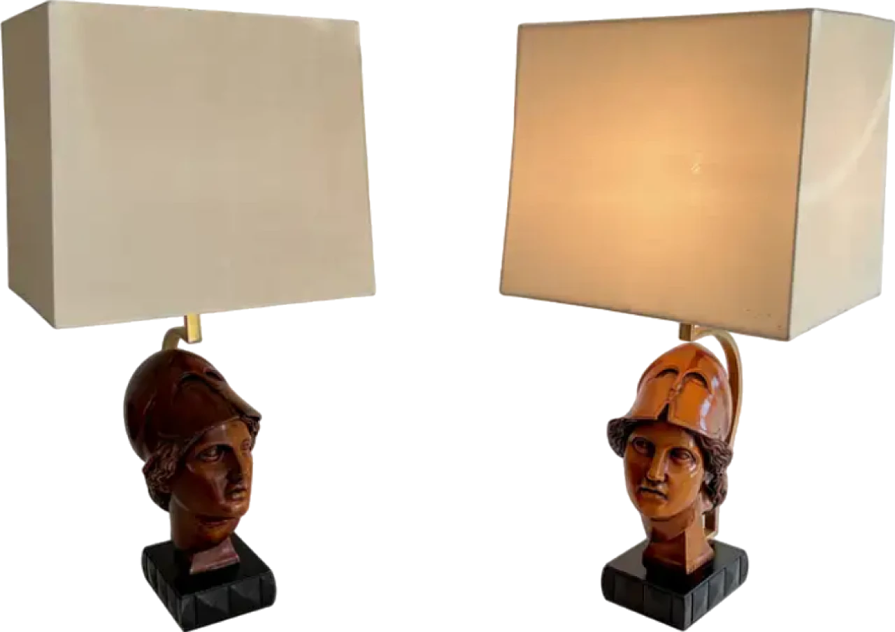 Pair of wooden lamps with faces of soldiers with helmets, 1970s 11