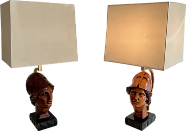 Pair of wooden lamps with faces of soldiers with helmets, 1970s