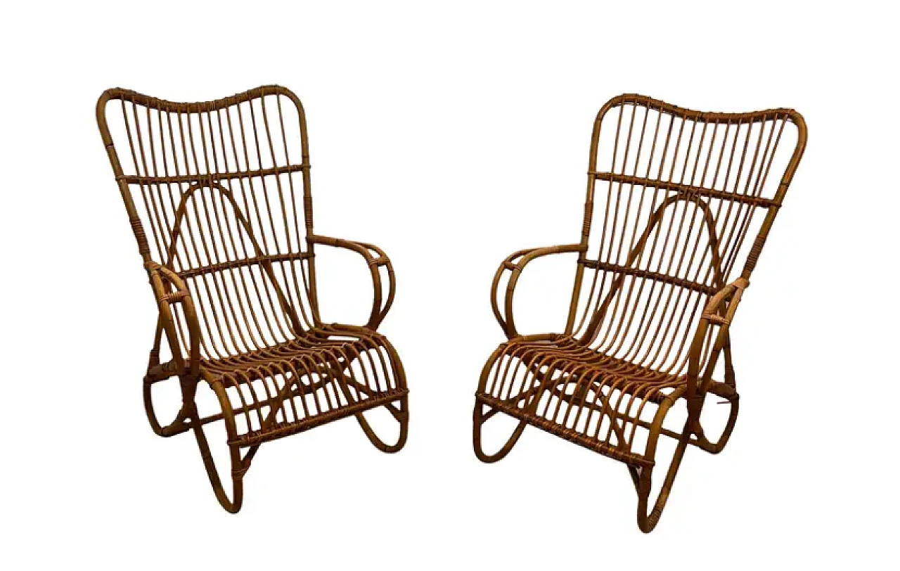 Pair of designer rattan high armchairs, 1950s 1