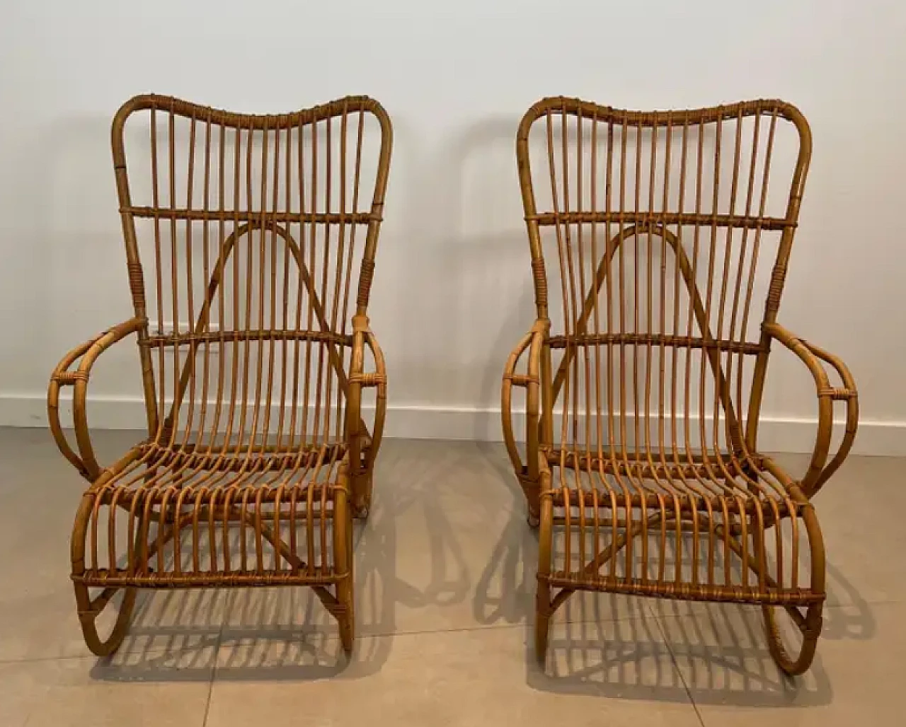 Pair of designer rattan high armchairs, 1950s 2