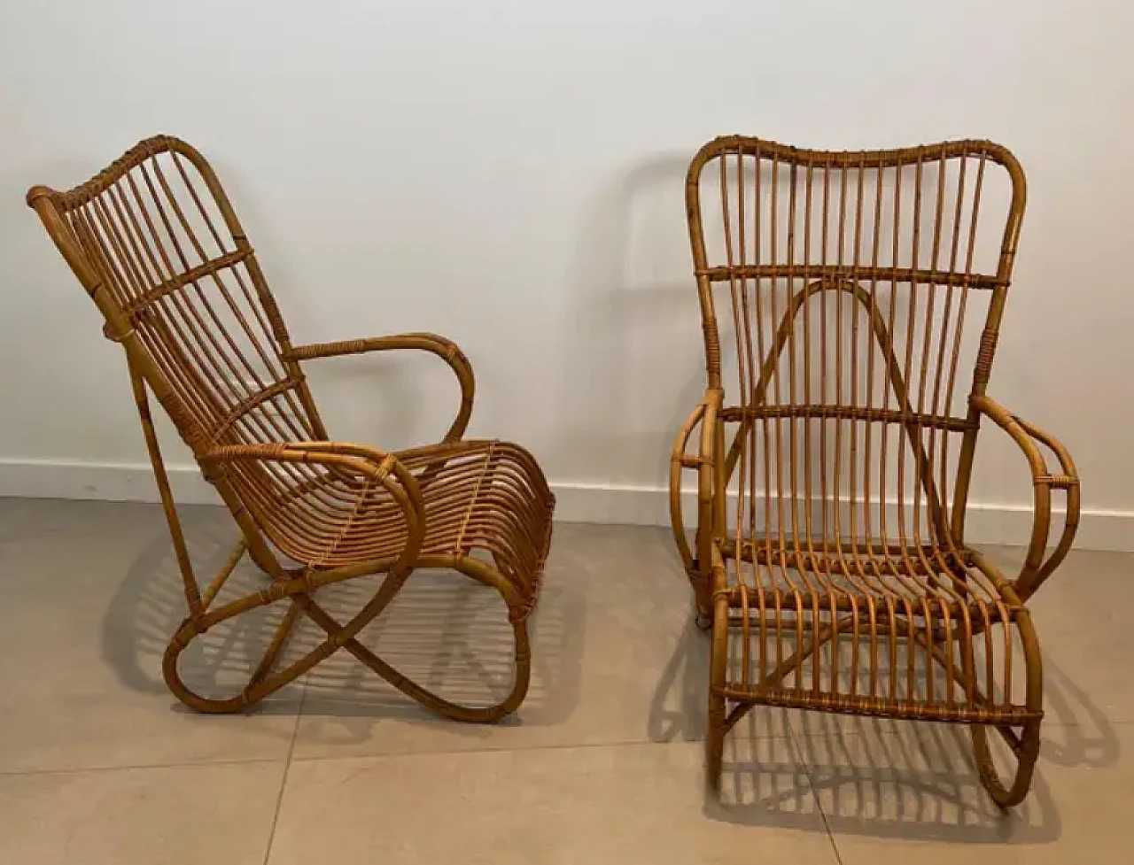 Pair of designer rattan high armchairs, 1950s 3