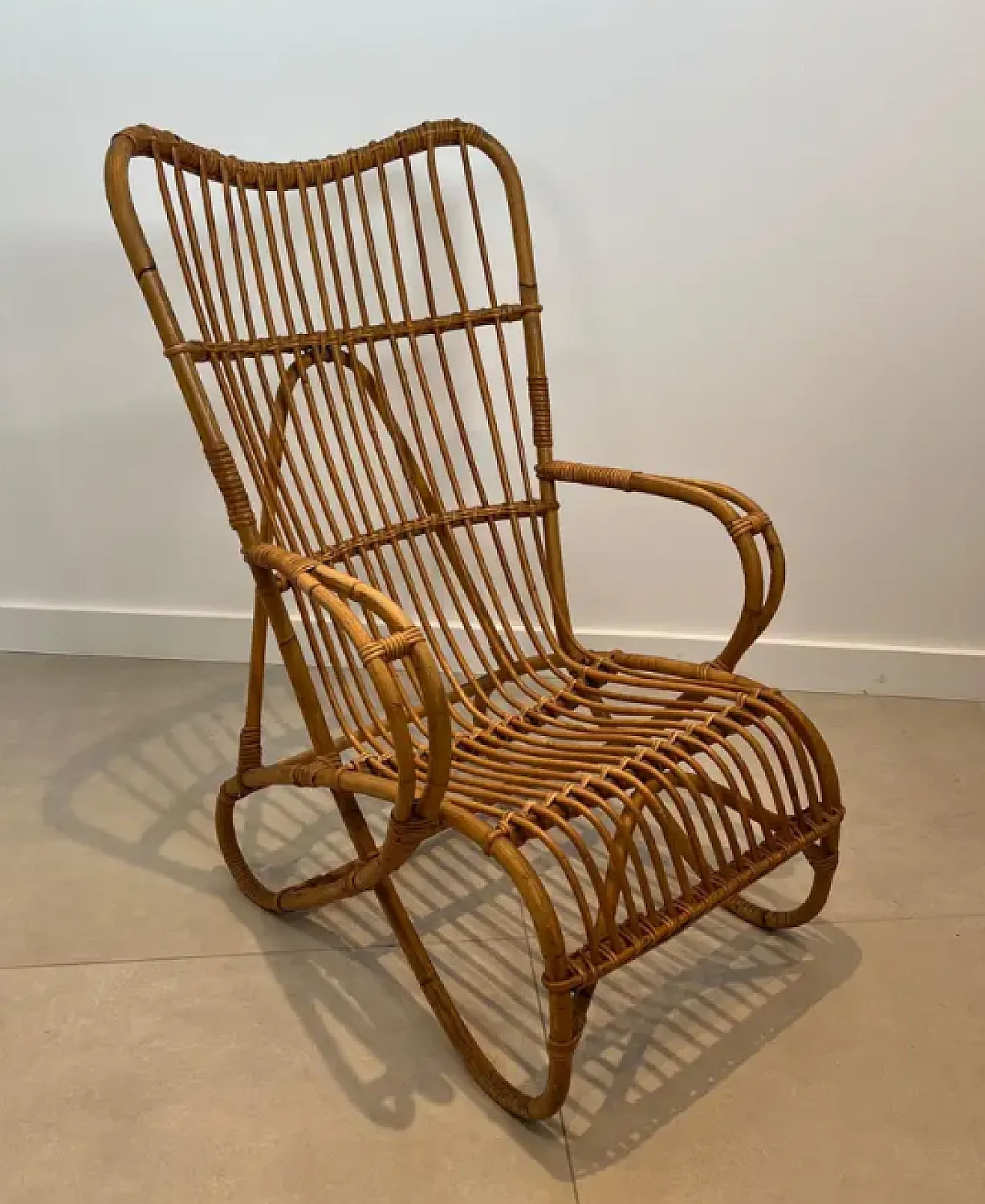 Pair of designer rattan high armchairs, 1950s 4