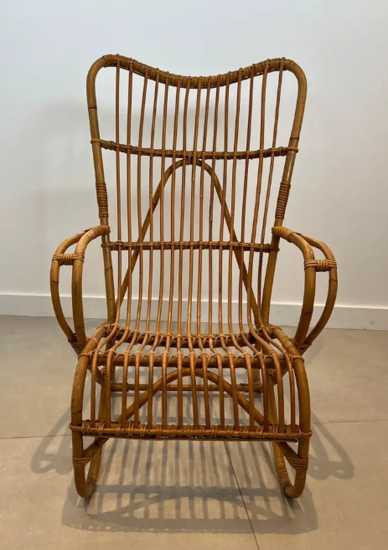 Pair of designer rattan high armchairs, 1950s 5