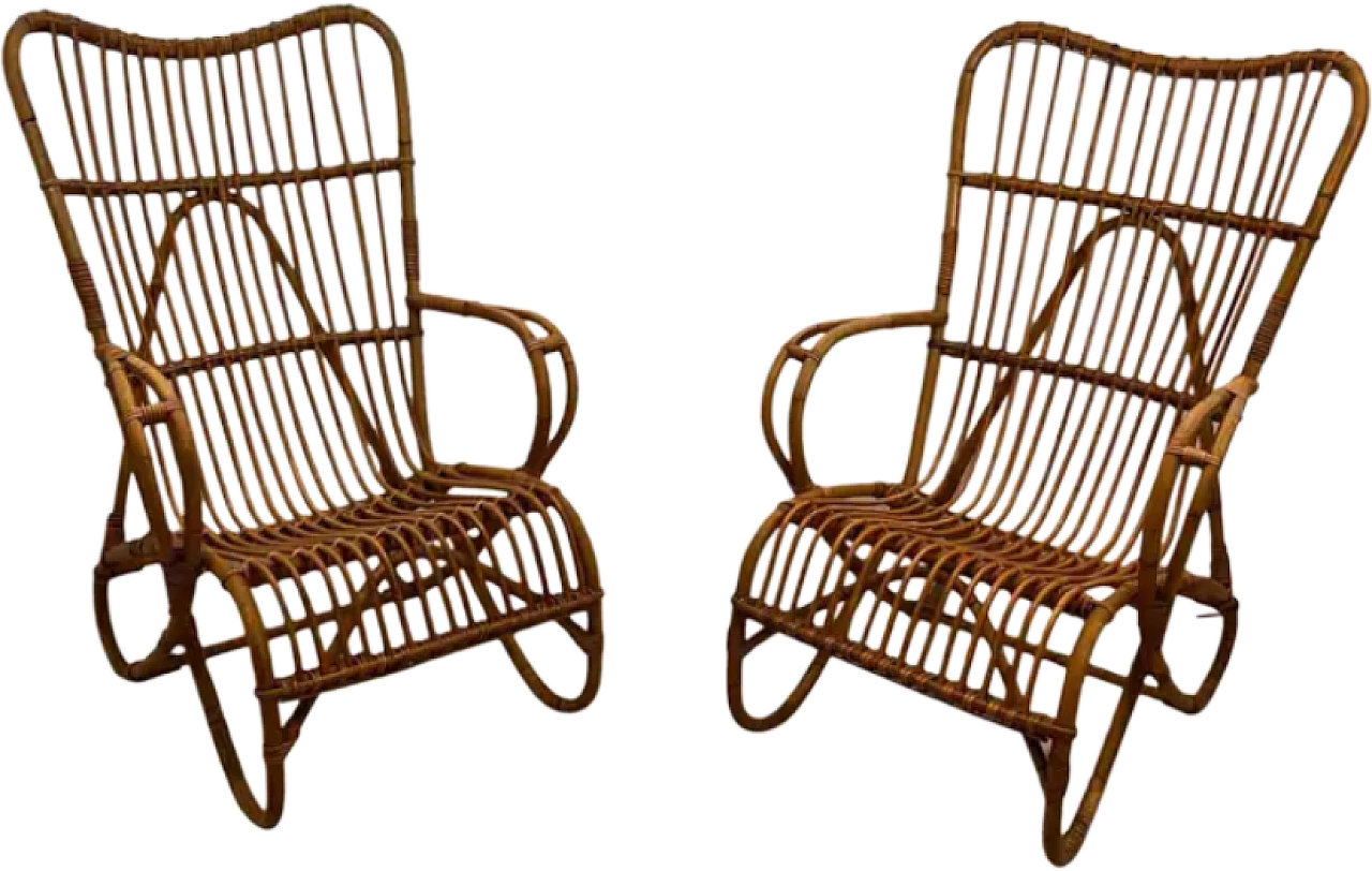 Pair of designer rattan high armchairs, 1950s 13