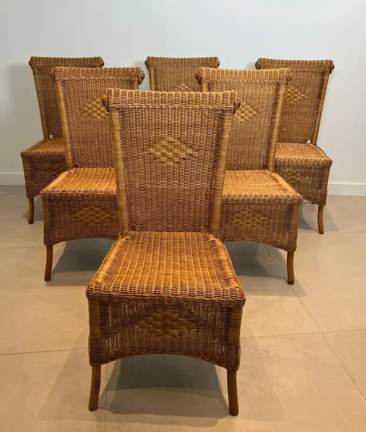 6 Rattan and wood chairs, 1970s 2