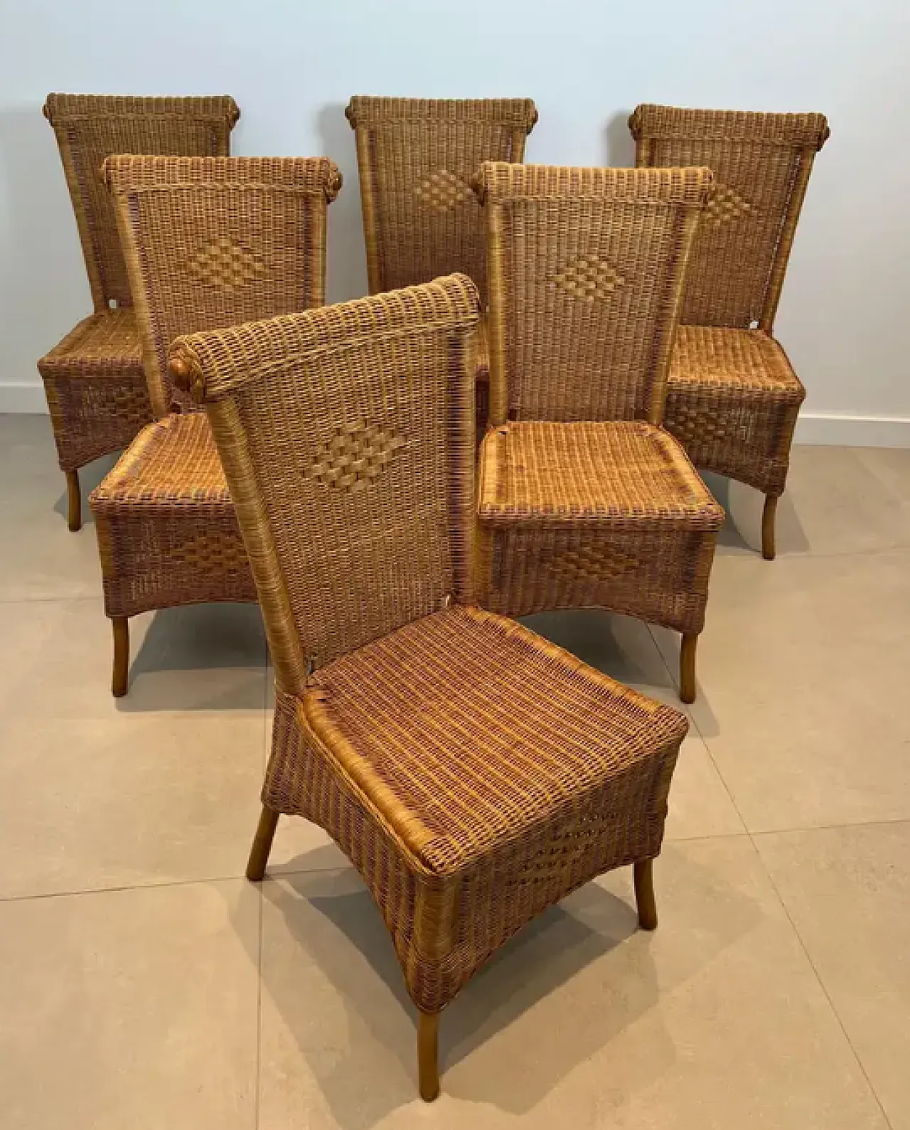 6 Rattan and wood chairs, 1970s 3