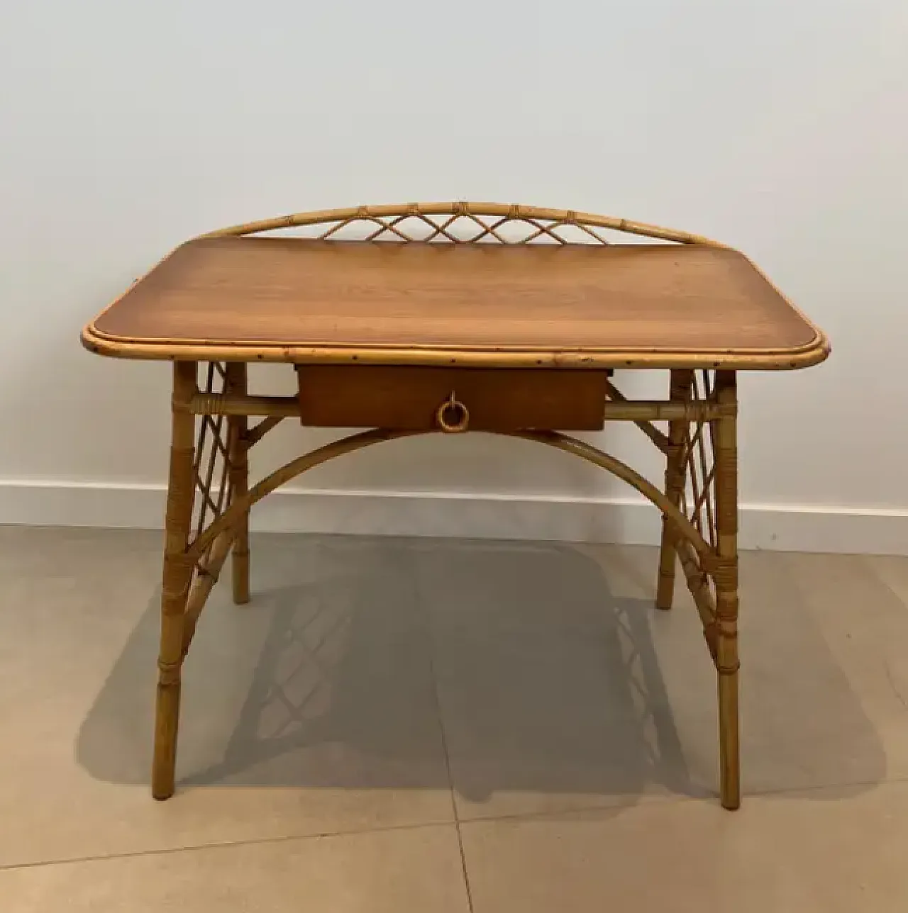 Designer rattan writing desk by Louis Sognot, 1950s 3