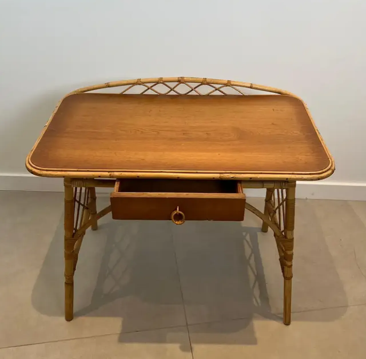 Designer rattan writing desk by Louis Sognot, 1950s 4