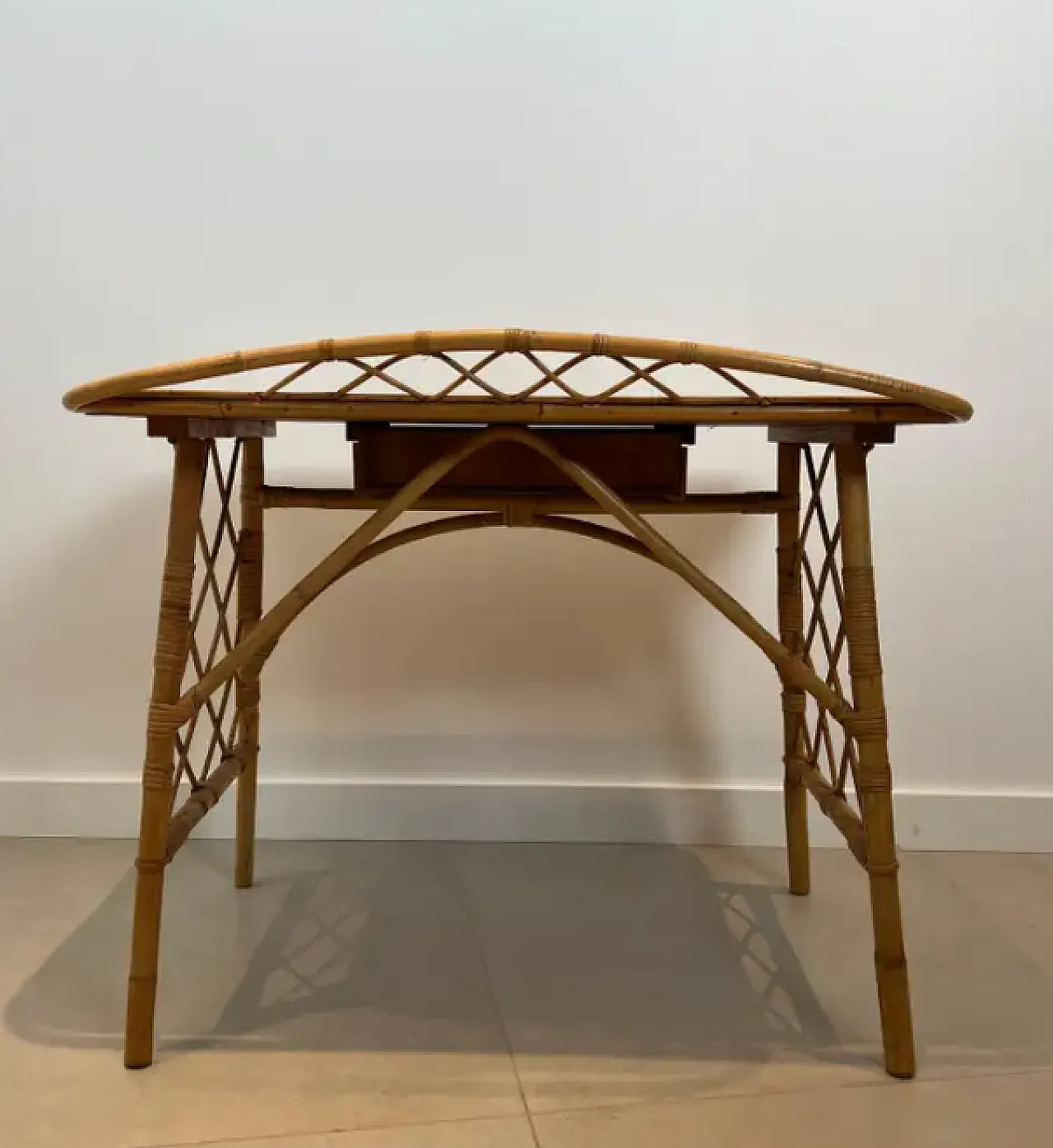 Designer rattan writing desk by Louis Sognot, 1950s 6