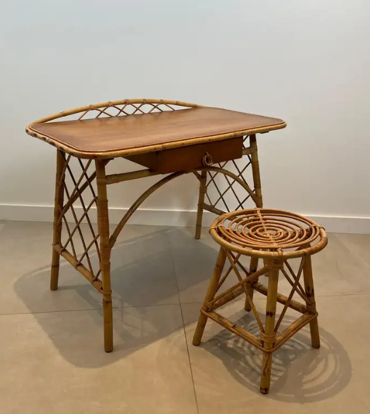 Designer rattan writing desk by Louis Sognot, 1950s 9