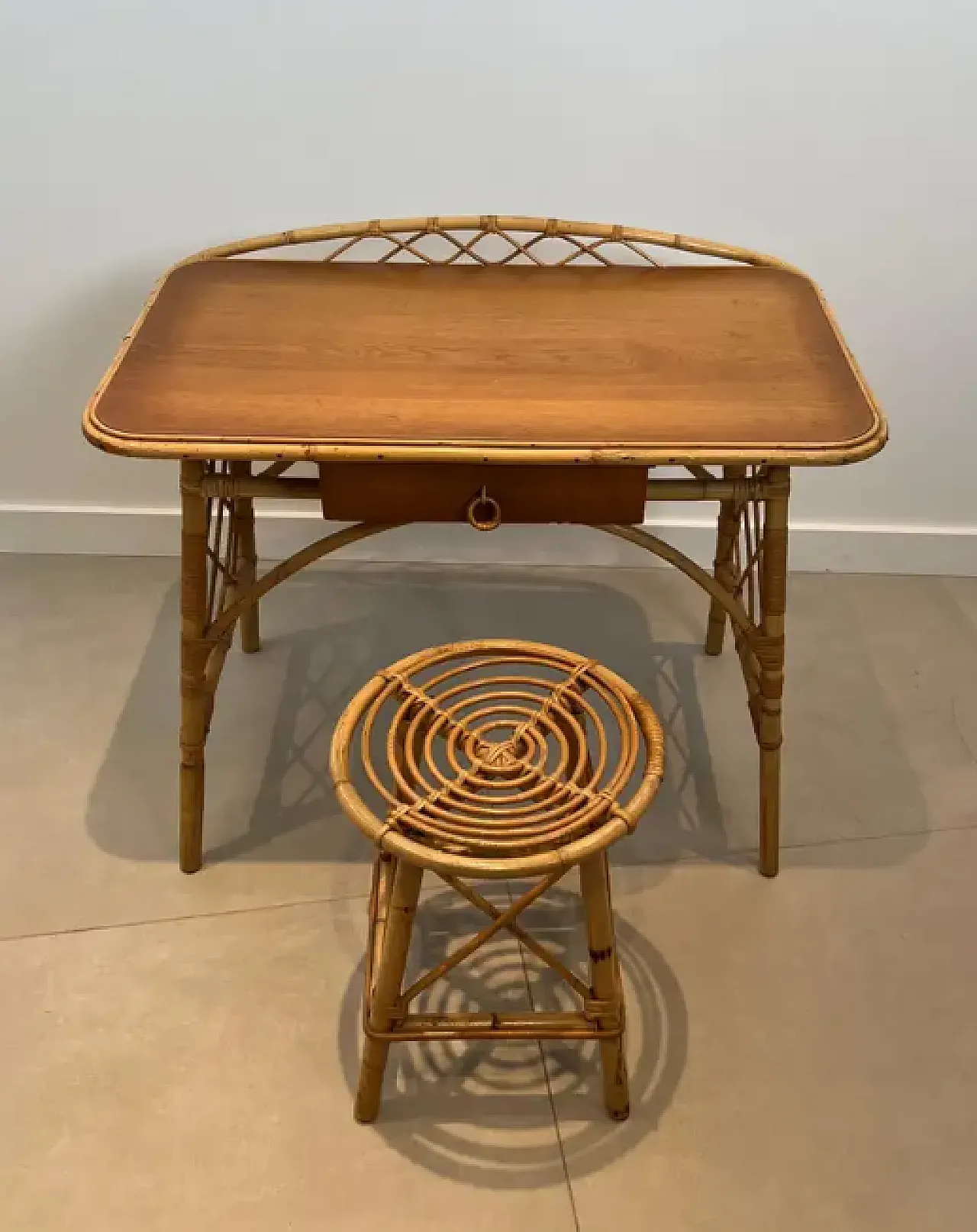 Designer rattan writing desk by Louis Sognot, 1950s 10