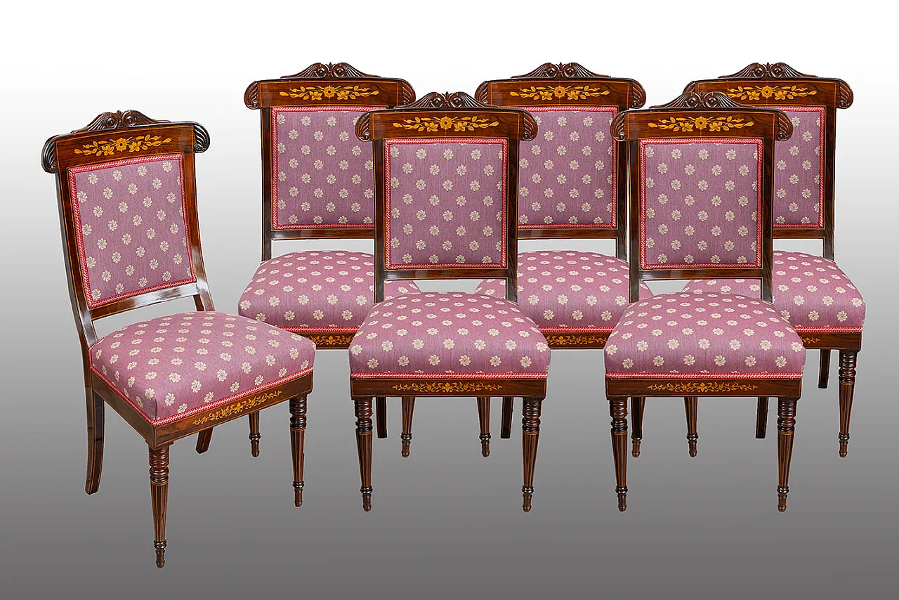 6 French Charles X chairs in fine exotic wood, '800 1