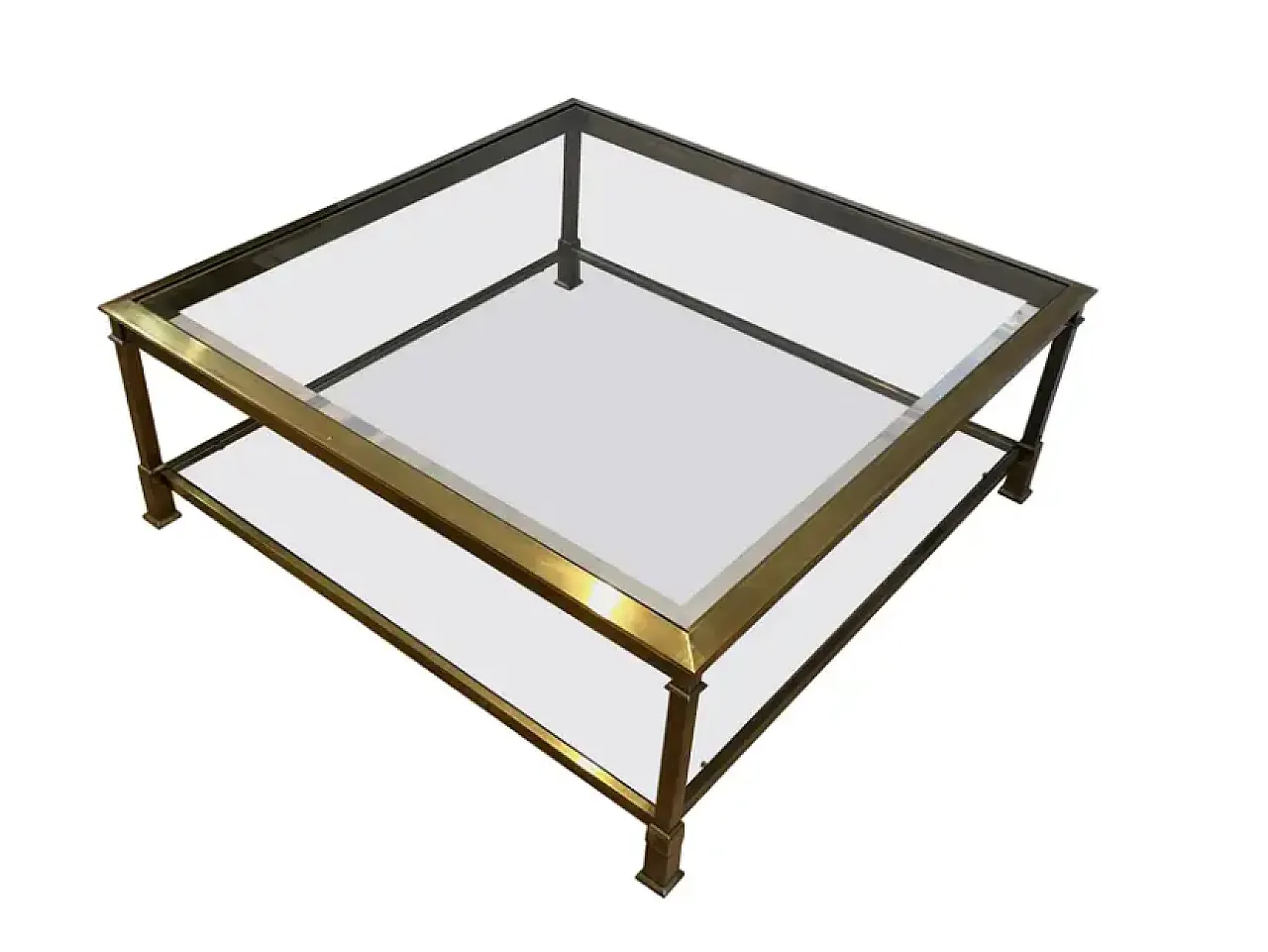 Large square coffee table in gold-patinated steel, 1970s 1