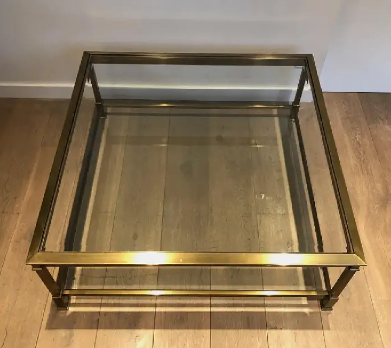 Large square coffee table in gold-patinated steel, 1970s 4