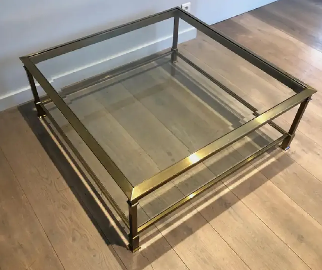 Large square coffee table in gold-patinated steel, 1970s 5