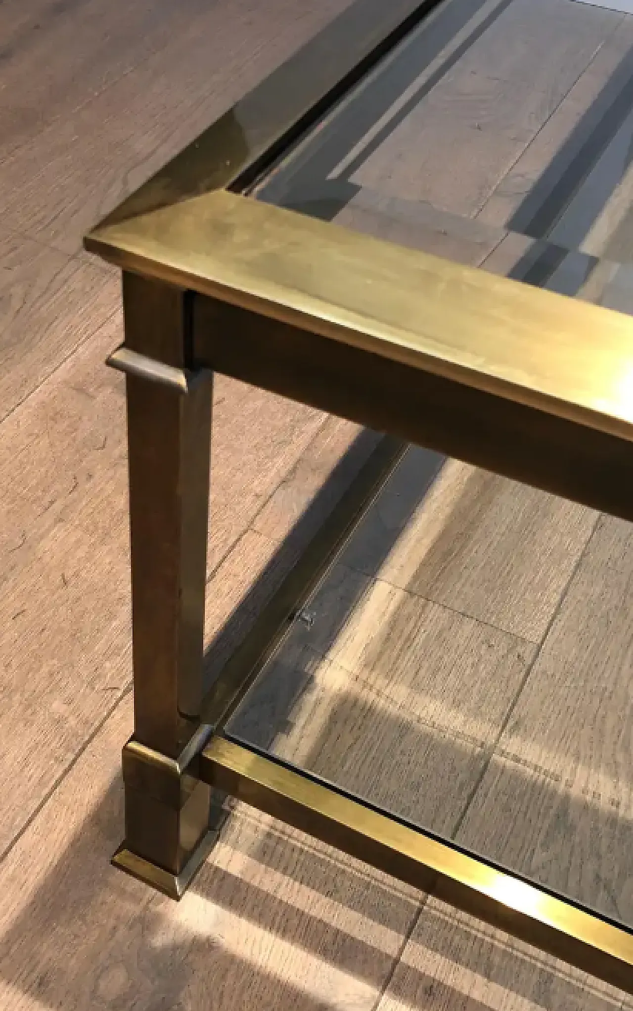 Large square coffee table in gold-patinated steel, 1970s 6