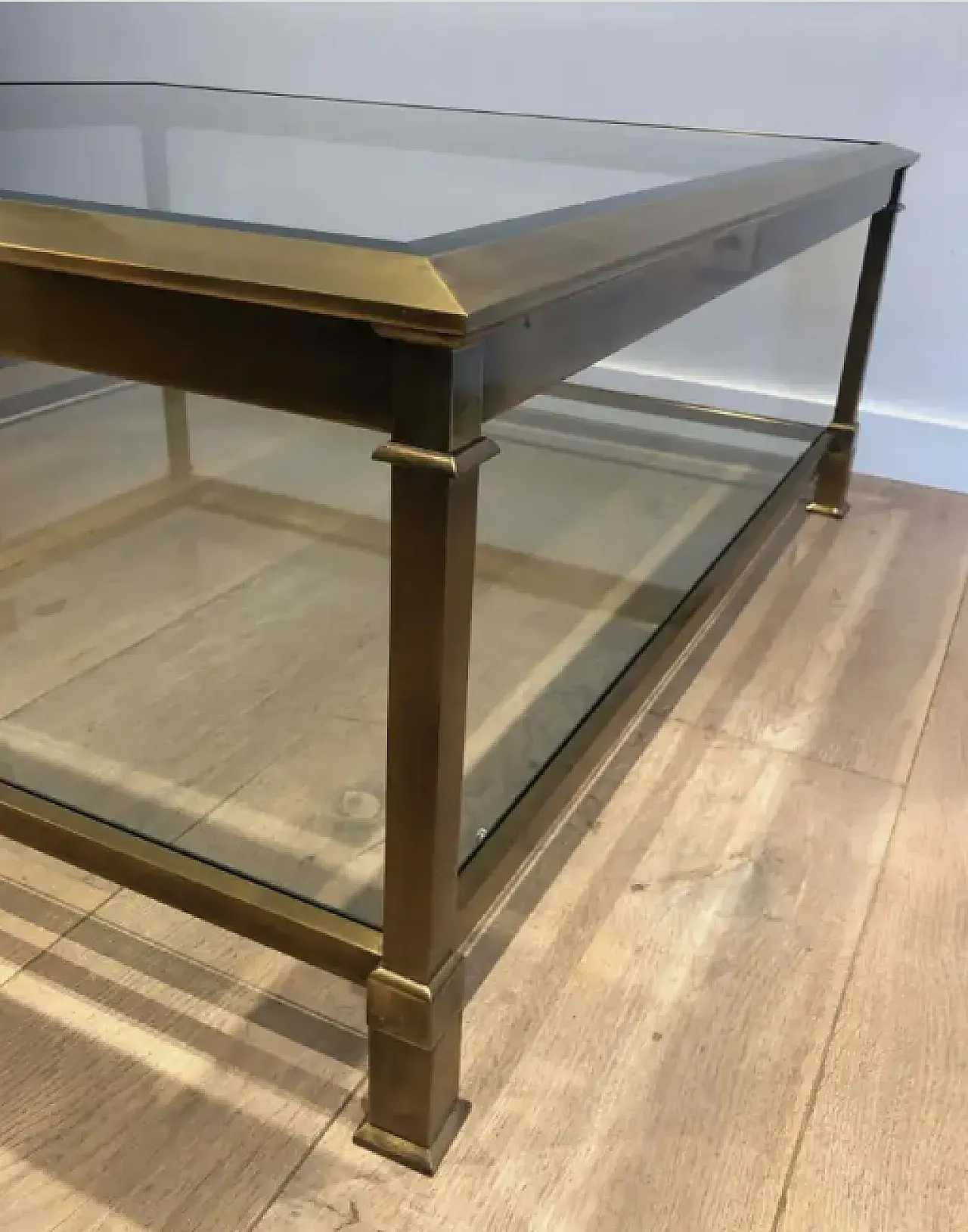 Large square coffee table in gold-patinated steel, 1970s 9