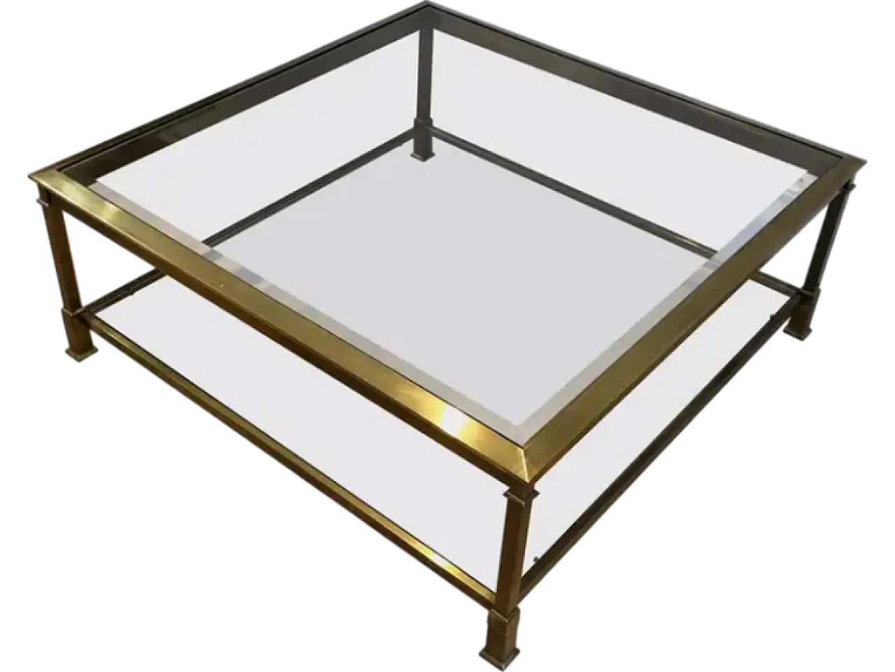 Large square coffee table in gold-patinated steel, 1970s 11