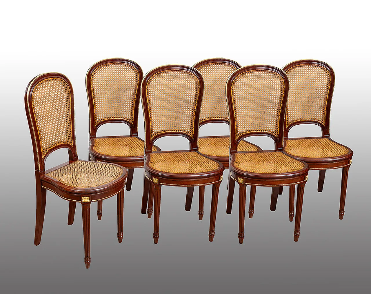 Group of six antique Napoleon III chairs in solid mahogany with in 1