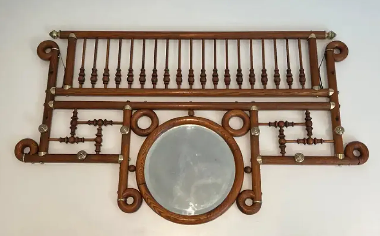 Wall-mounted coat rack in wood and curved brass, early 20th century 2