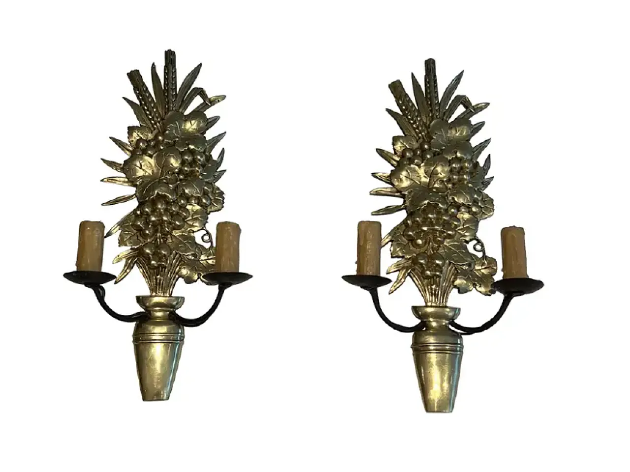 Pair of bronze and wrought iron wall sconces, 1970s 1