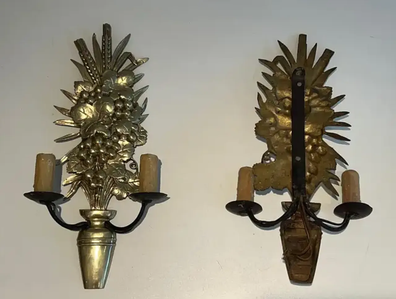 Pair of bronze and wrought iron wall sconces, 1970s 10