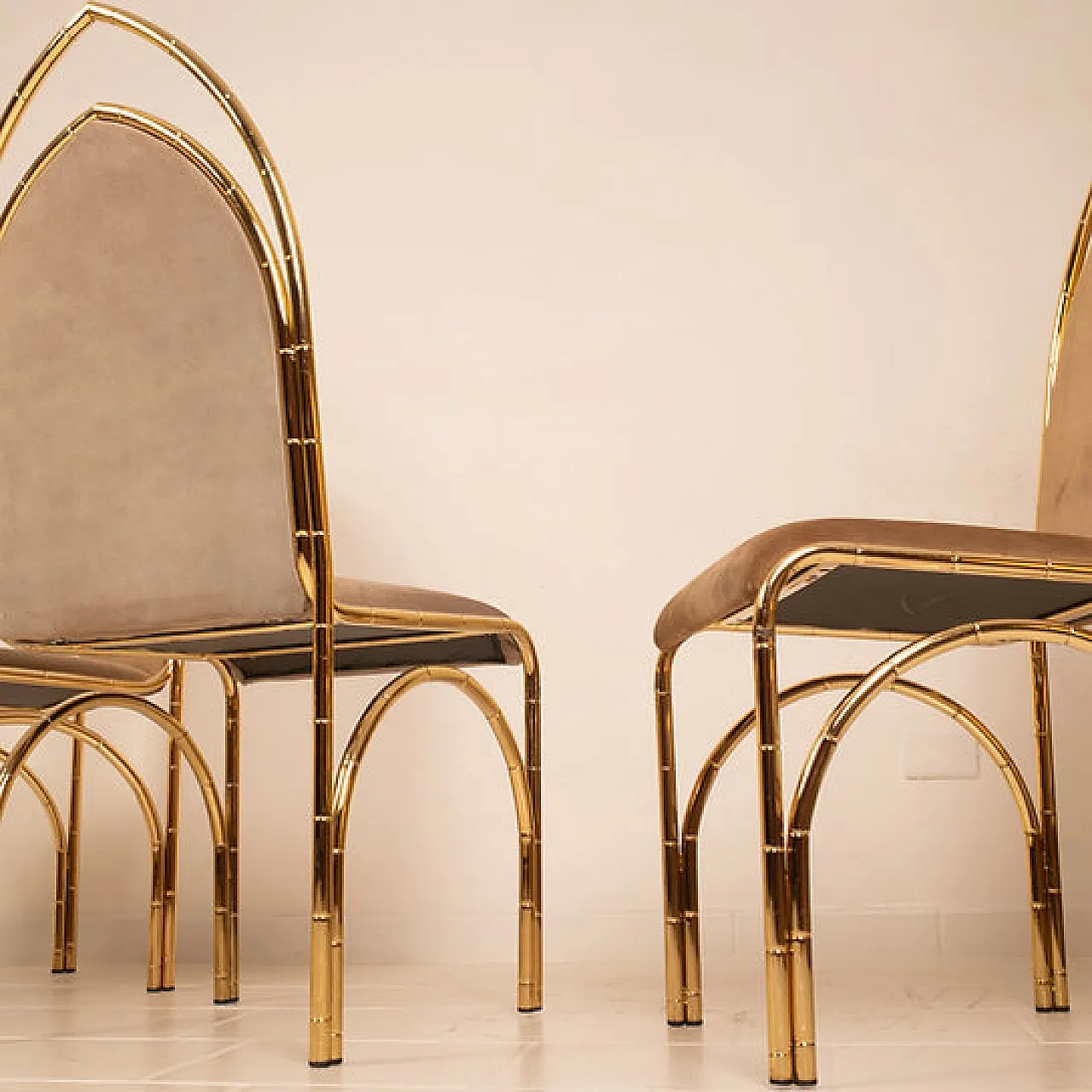 4 Suede and brass chairs, 1970s 3