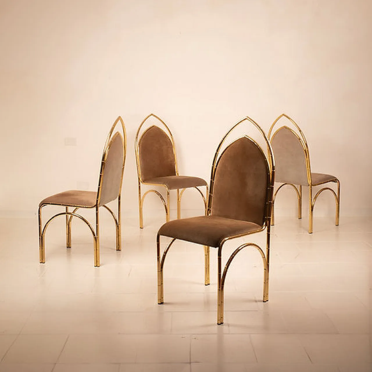 4 Suede and brass chairs, 1970s 6