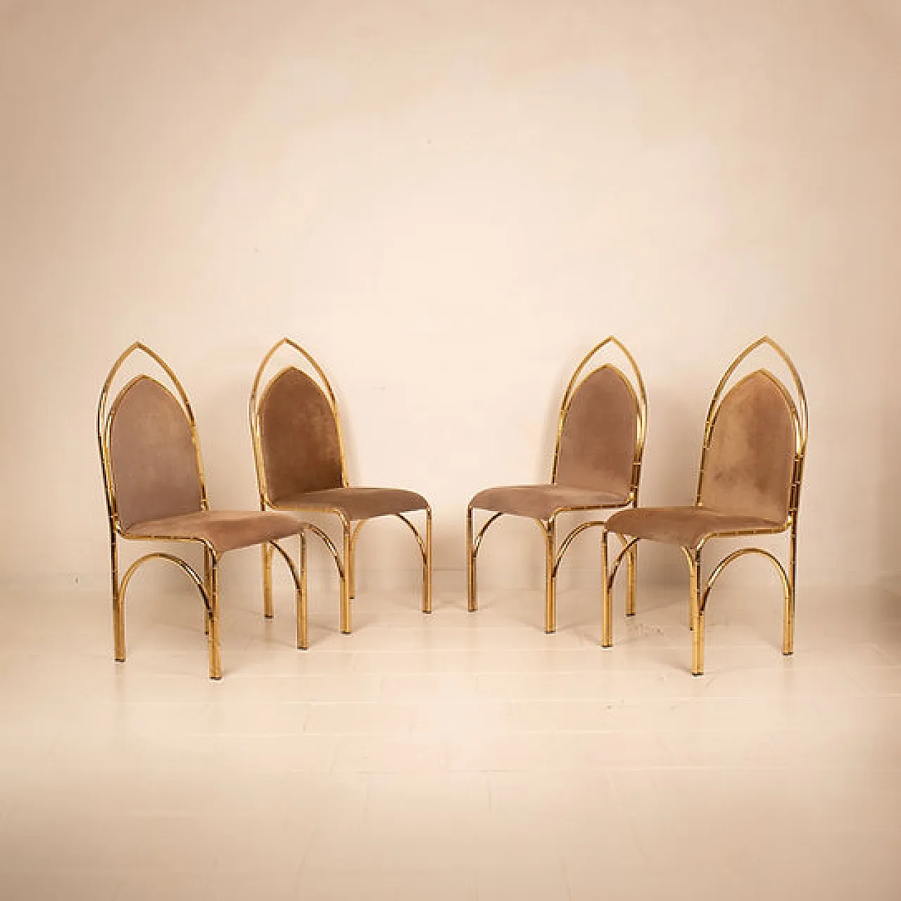 4 Suede and brass chairs, 1970s 8