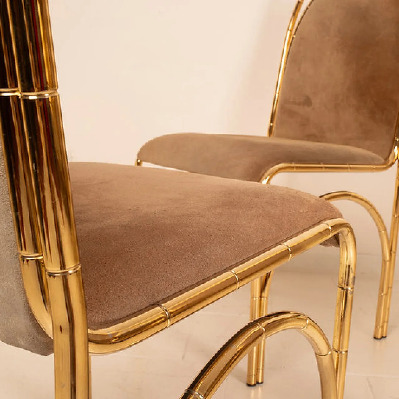 4 Suede and brass chairs, 1970s 12