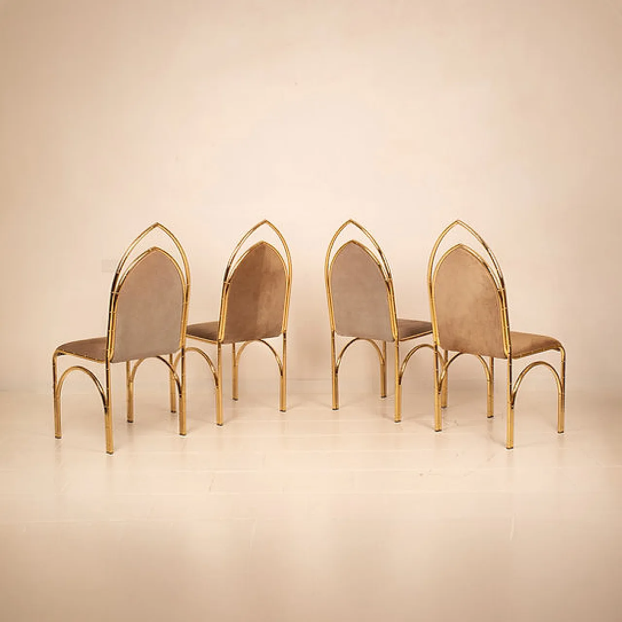 4 Suede and brass chairs, 1970s 13