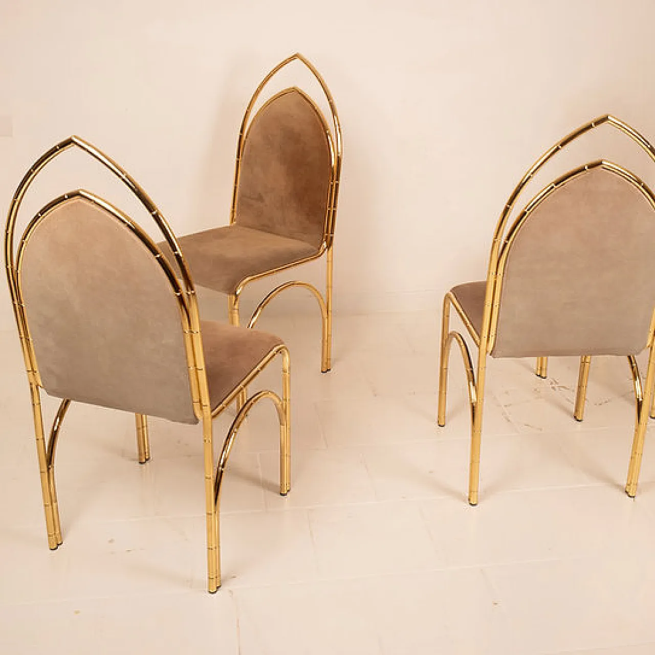 4 Suede and brass chairs, 1970s 14