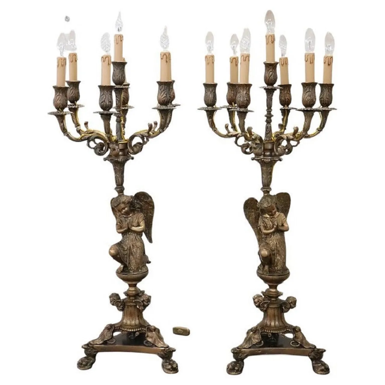 Pair of large electrified bronze candelabra with angels, 19th century 1